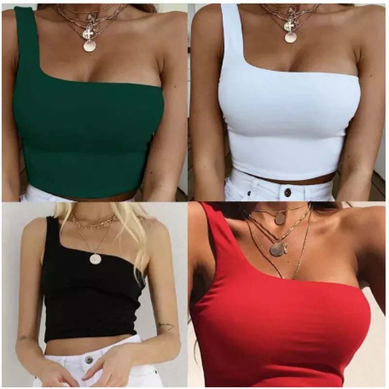 Camisetas sin mangas con un solo hombro para mujer, camisetas sin mangas a la moda, camiseta sin mangas con abdomen desnudo, Tops cortos de playa para mujer
