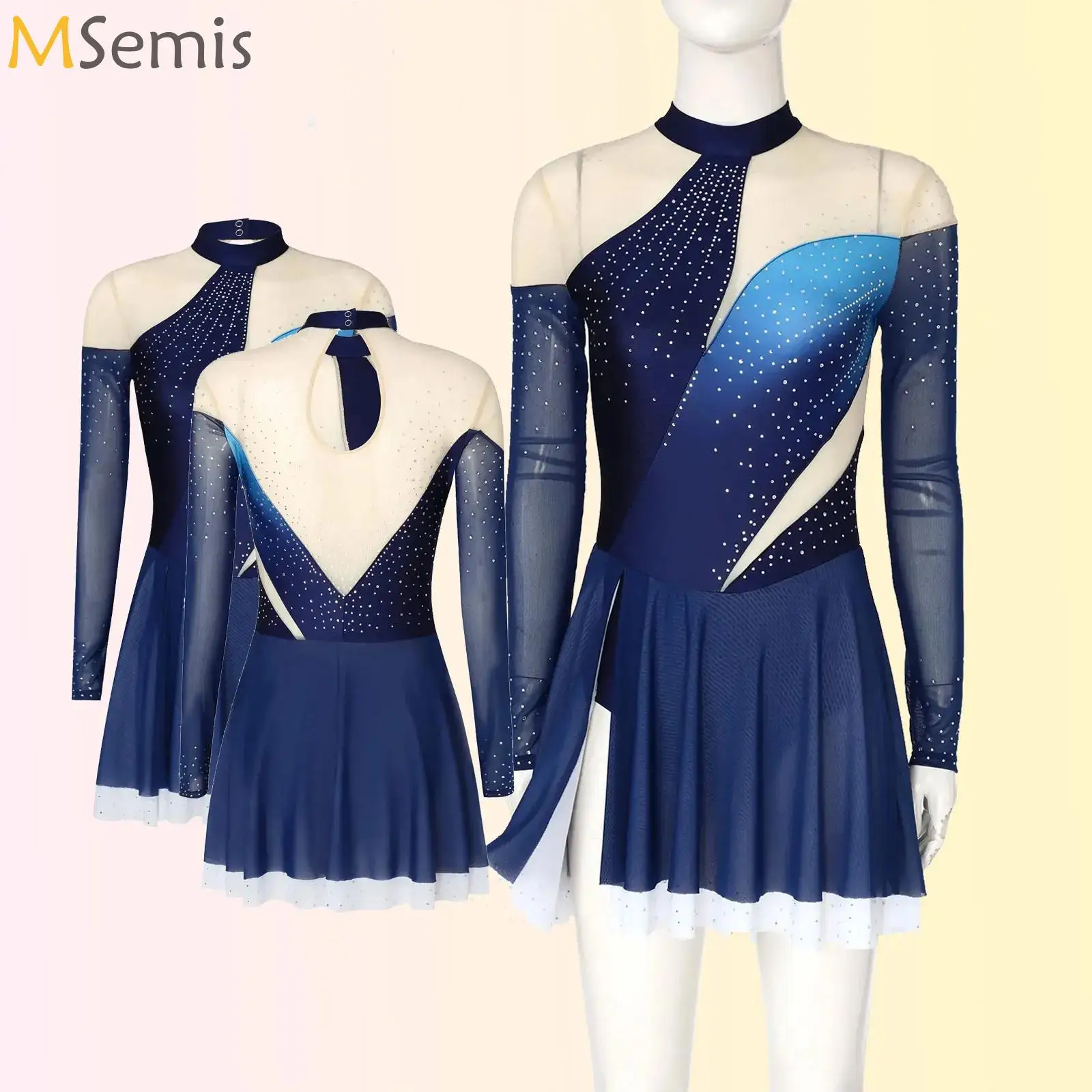 الكبار النساء فستان التزلج على الجليد لامعة الراين التدرج اللون غنائي الباليه الرقص الجمباز الإيقاعي يوتار Dancewear #1