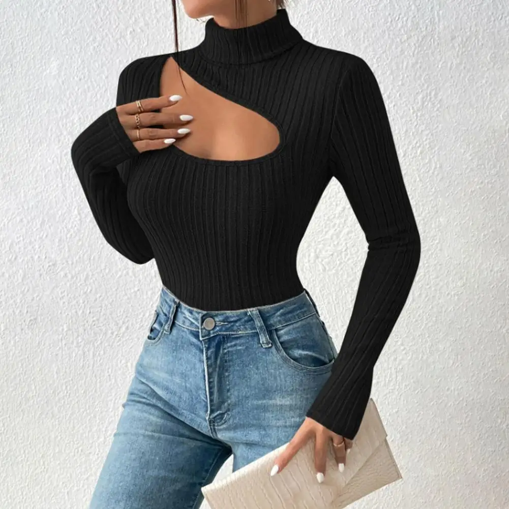 Fall Winter Women Top Hollow Out High Collar Long Sleeve Striped Knitted Elastic Slim Pullover Bottoming Sweater