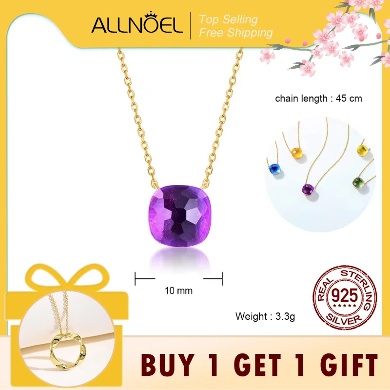 

ALLNOEL 925 Silver Necklace For Women Synthetic Square Crystal Necklace Colorful Gemstone Amethyst Citrine Jewelry Party Gift