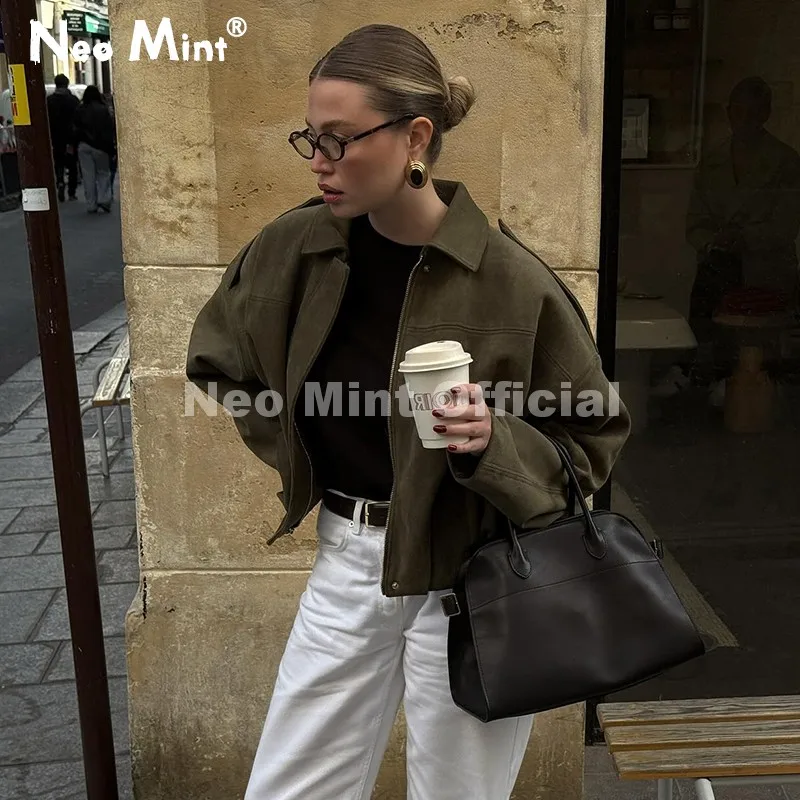 Neo Mint Hot Brand Blogger Fashion Olive Green Suede Bomber Jacket Coat Women High Street Girls Cropped Jackets Biker Outerwears