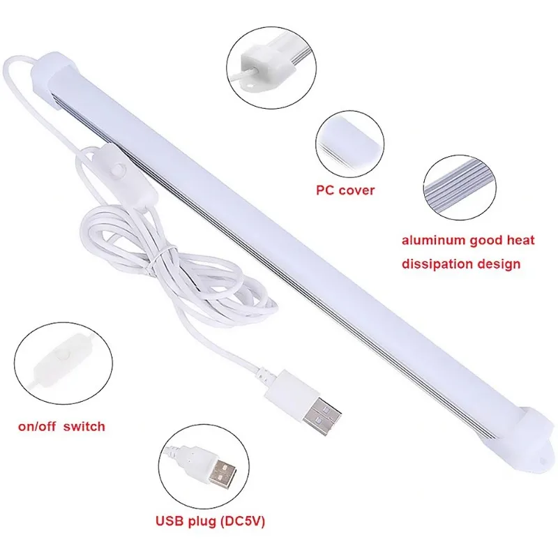 DC5V USB LED Strip Light - Flexible Bar Lamp for Kitchen Closet Bedside with Push Switch Aluminum Under Cabinet Night Lighting