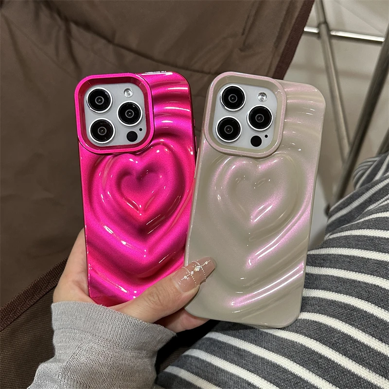 Laser Pink Plating Rose 3D Love Heart Phone Case For iPhone 15 Pro Max 14 13 11 12 Soft Silicone Shockproof Cover