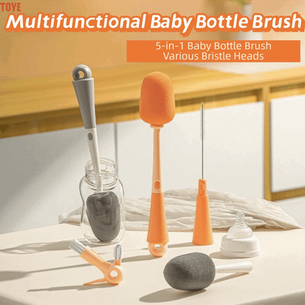 

5-in-1 Water Bottle Brush Nylon Sponge Soft Bristles Feeding Bottle Brush 360° Cleaning Long Handled Bottle Cleaning Brush Set