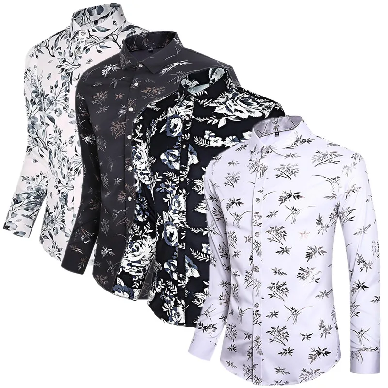 White Long Sleeved Printed Shirt Men Business Casual Lapel Tops , Summer and Autumn New Mens Wedding Party Dress Floral Shirts