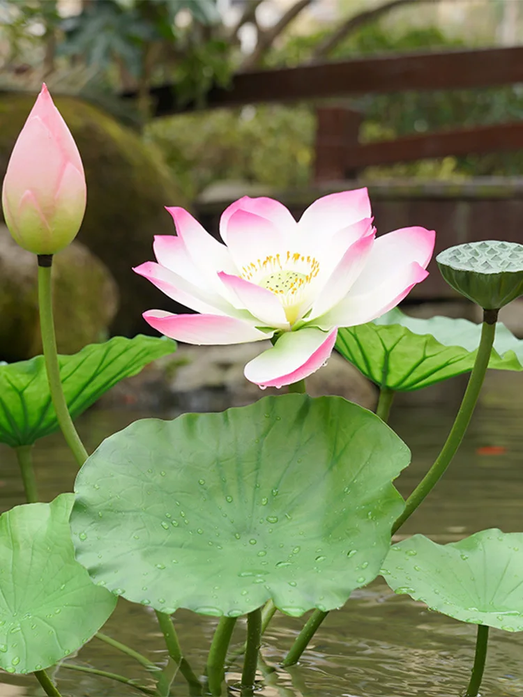 

Standable Artificial Green Leaves Lotus Lifelike Waterlily Flower Reed With Base For Buddha Home Garden Outdoor Pool Decor Props