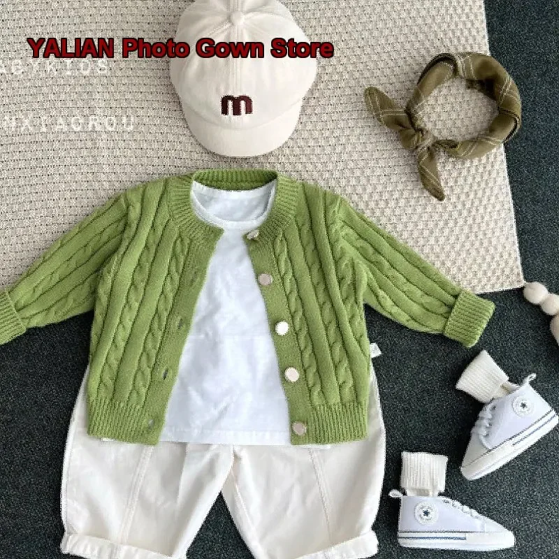Newborn Kids Knit Top Baby Boys Girls Pure Cotton Cable Knit Solid Color Green Spring Autumn Soft Breathable