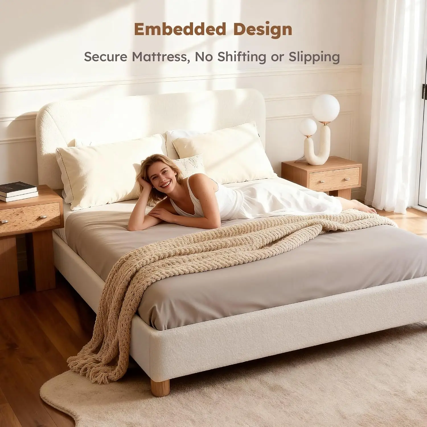 Full Size Cloud Bed Frame, Upholstered Boucle Bed Frame with Adjustable Headboard, Solid Wood Legs, Rounded Corners Design & Eas