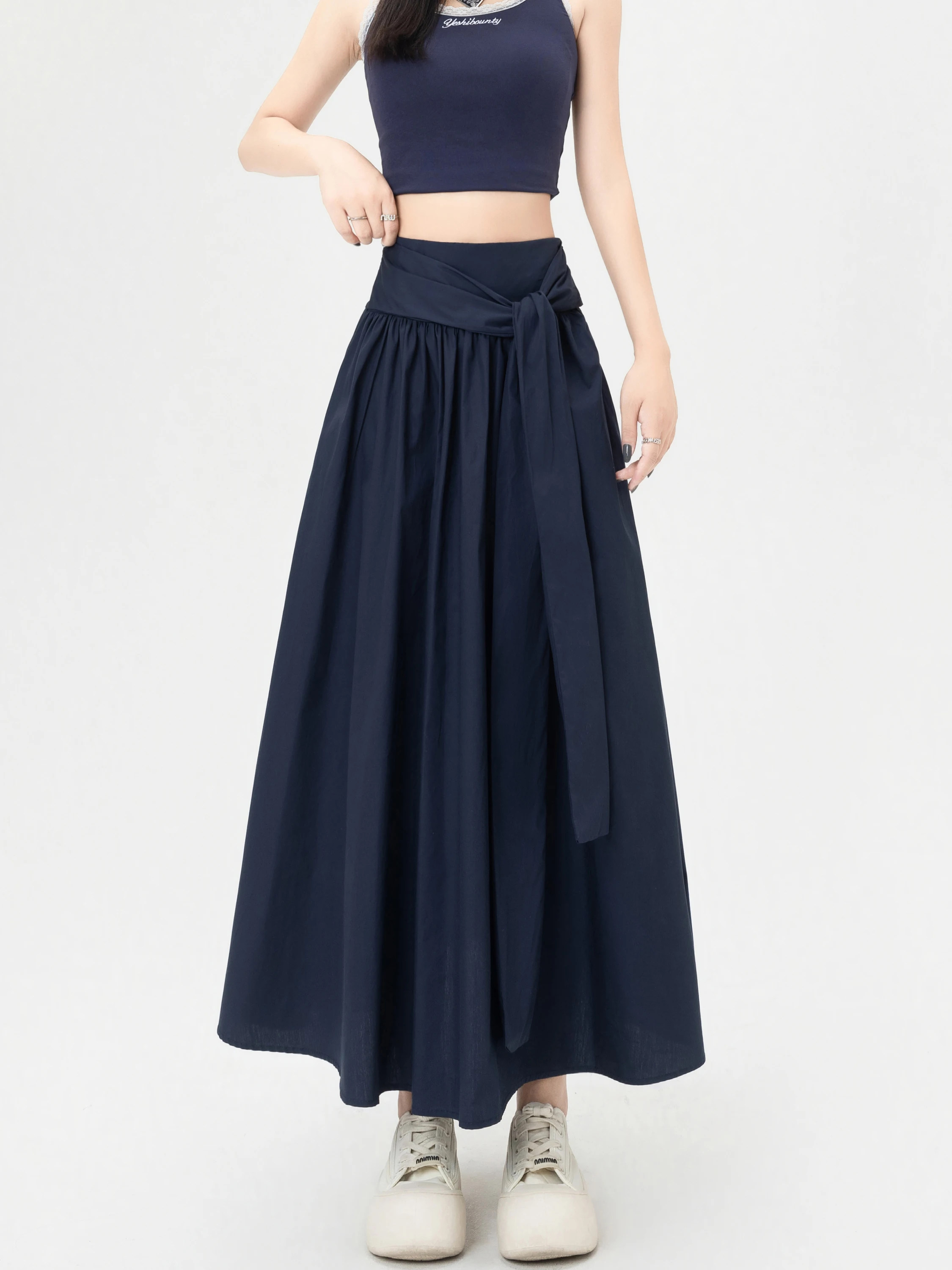 

Slimming A-Line Midi Skirt in Dark Blue with Asymmetrical Pleats for Women Summer 2026 New Style Korean Version High Waist Po...