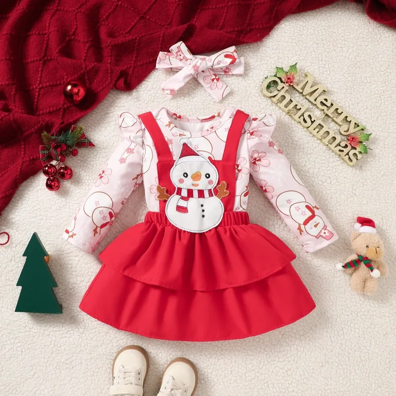 Newborn Infant Baby Girls Christmas Outfit Red Green Santa Reindeer Snowman Print Suspender Skirt Set Costume 0 24M
