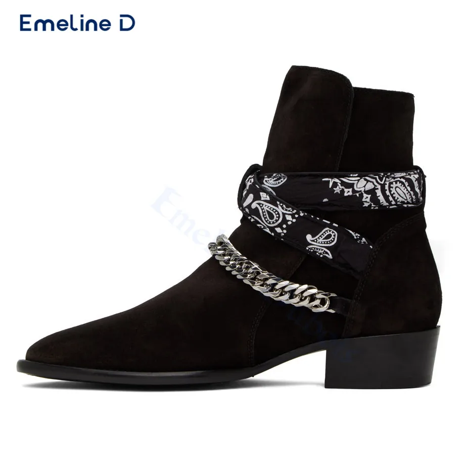 

Hardware Chain Decorated Pull-On Boots Suede Thick Heel Printed Cross Strap Personality Ankle Boots Fashionable Men's Boots