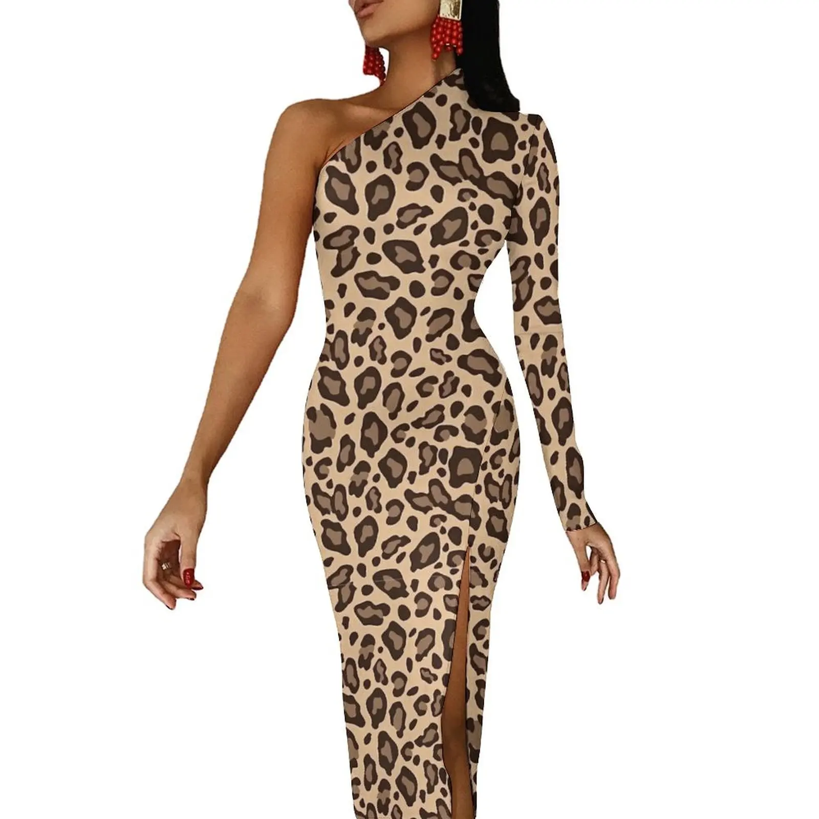 Boho Beige And Brown Leopard Print Long Dress Women  Aesthetic Maxi Dress Autumn Sexy Bodycon Dresses Side Split Printed Vestido