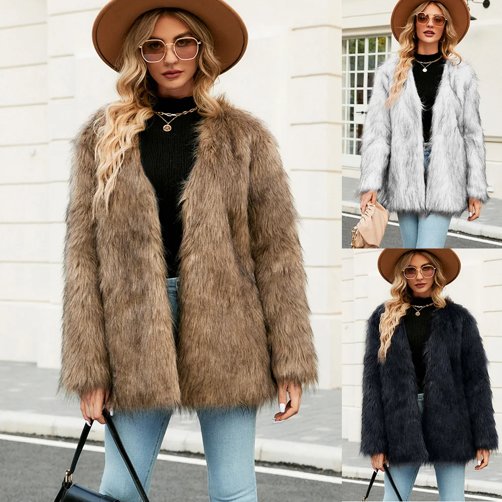 Women Faux Fur Coats V Neck Full Sleeve Open Stitch Warm Thick Elegant Splice Regular Coat Temperament Autumn Winter 2024