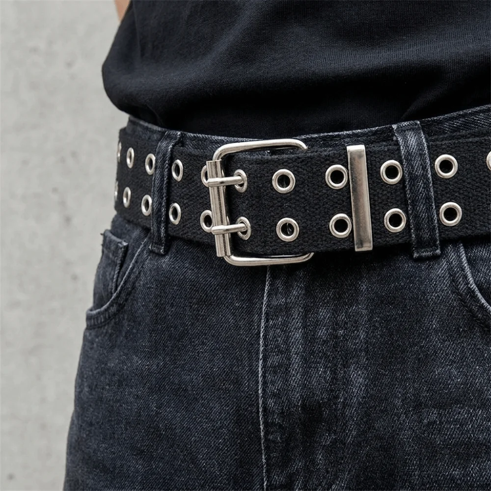 Outdoor Solid Color Canvas Waist Belt Double Row Metal Buckle Men's Belt Nylon Needle Buckle Double Row Buckle Belt Leisure Wear