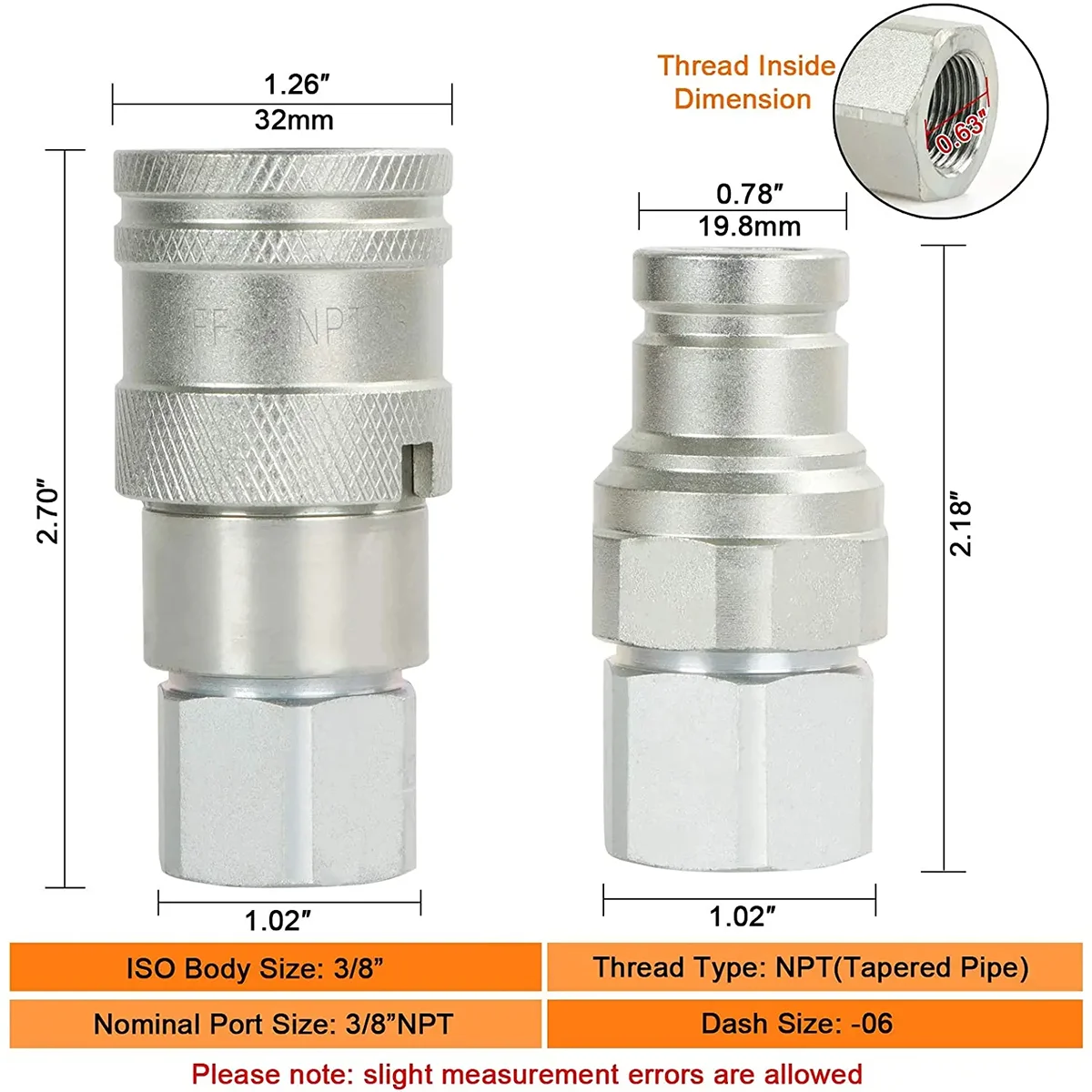 

3/8 Inch NPT Thread Flat Face Hydraulic Quick Connect Coupler Set With Dust Caps for Parker FE Safeway FFE49 Faster FFH Series
