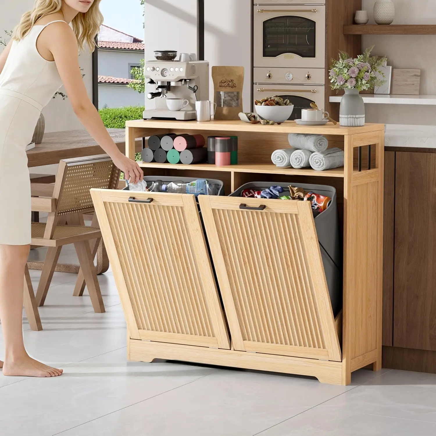 

13 Gallon Out Trash Can Cabinet with Open Shel & Storage - Pet Proo Hidden Recycling Cabinet & Wooden Laundry Hamper or Kitchen,