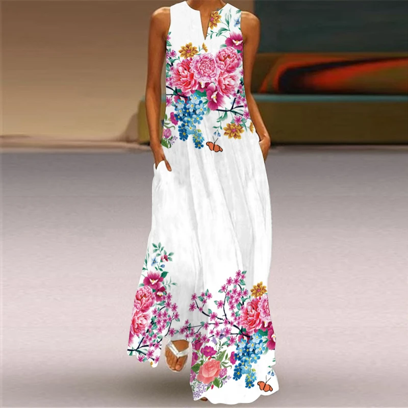 2024 New European and American Cross border Summer Long Dress Women\'s Sleeveless V-neck Printed Sexy