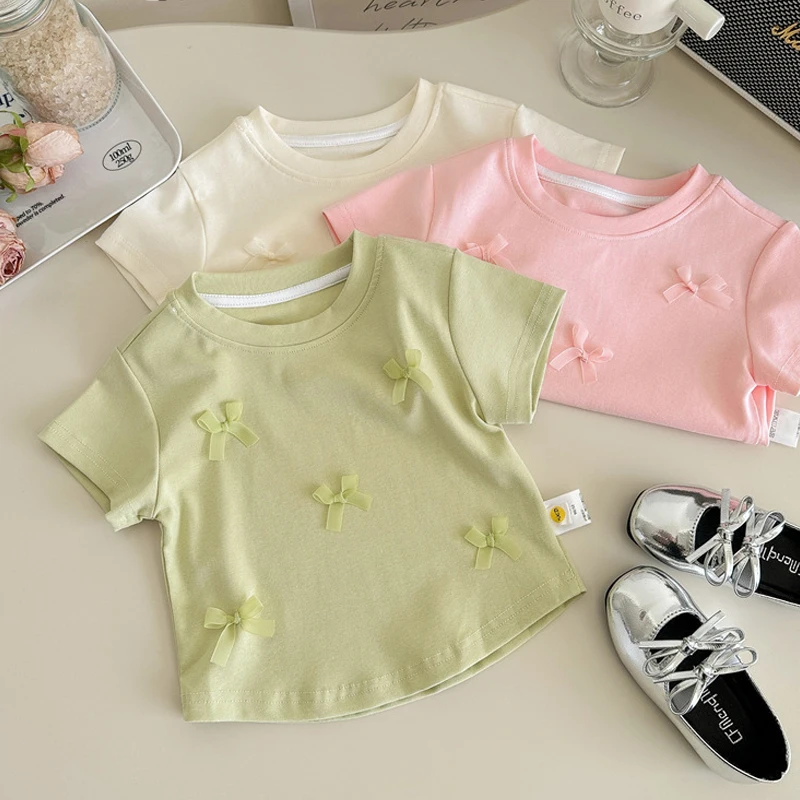 

Summer Girls' Short Sleeve T-shirt Fashion Round Neck Bow Loose Top Korean Casual Solid Versatile Children's Thin Tees