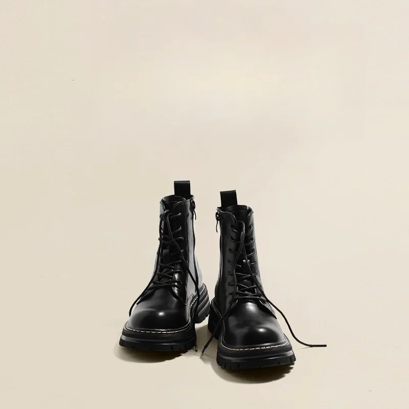 Genuine Leather Boots for Women Motorcycle Boots Women Thick Bottom Stitching Short Boot Classic Simple Style Women Ankle Boots