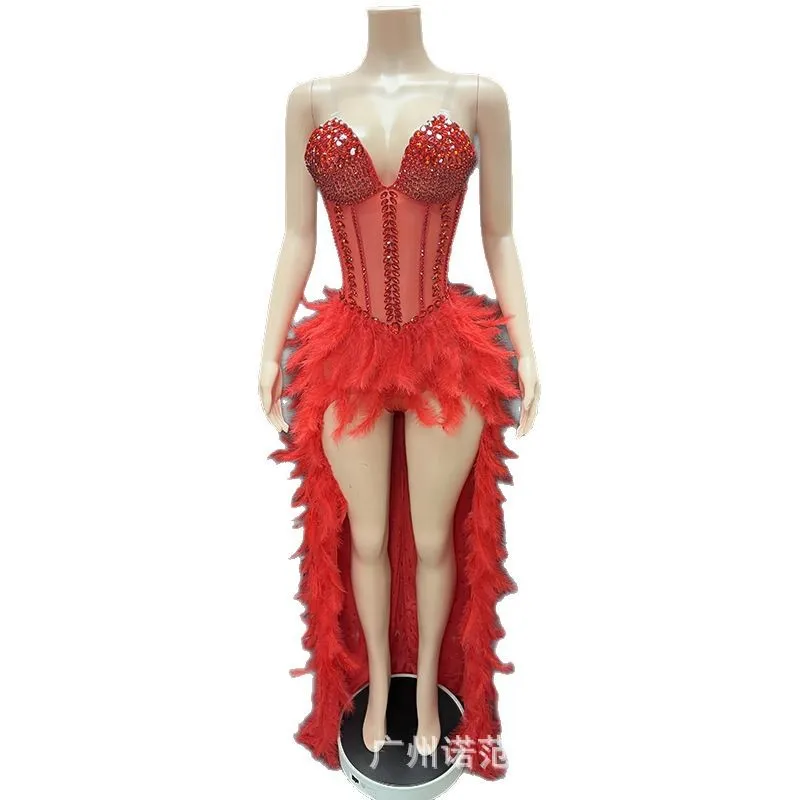 

Classic Temperament Red Feathers Trailing Dress Wedding Bridal Toasts Cocktail Party Evening Dress Vestidos De Boda Para Fiestas