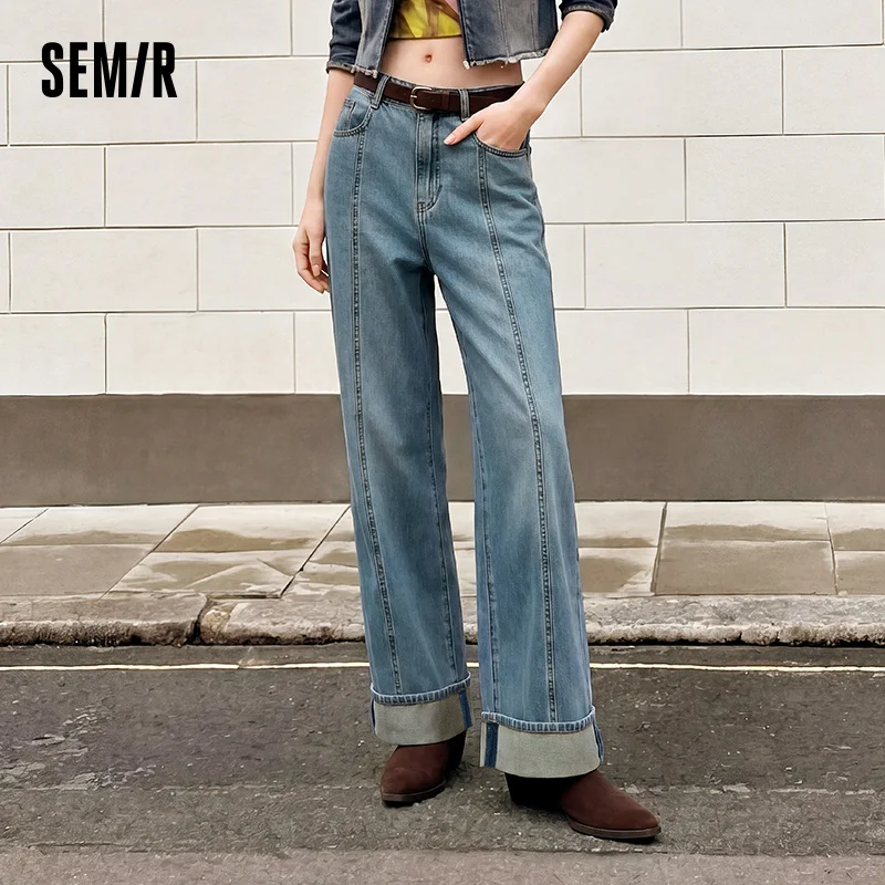 Semir Women Jeans Cuffed Split Wide Leg Loose Long Leg Look 2026 Autumn Street Style Soft Casual Denim Pants Daily Wear