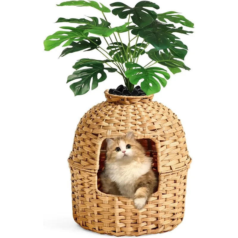 

Cat Litter Box Plant Furniture Hidden Cat Litter Box with Artificial Plants, Handwoven Rattan Cat Litter Box Enclosure