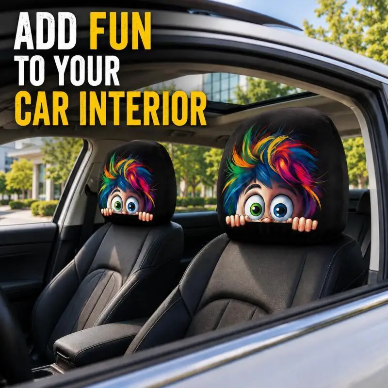 2 Pcs Car Headrest Covers Cartoon-style Rainbow Hair-like Pattern Protective Covers Breathable Dust-proof Seat Decorations