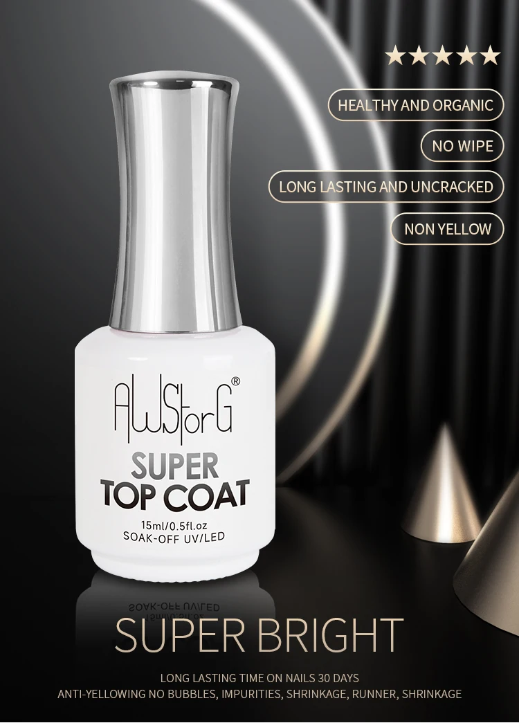 AWStorG 15 ml Super Top Coat Funktionsgel, kein Abwischen, mattes Top-Gel, transparent, Soak Off UV-LED, NailArt Maniküre-Gel-Lack-Grundierung – Detail 1
