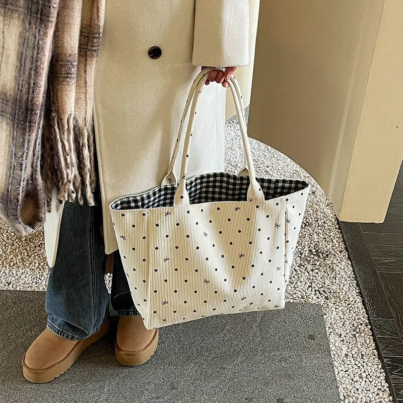 

Corduroy Casual Shoulder Bag Women Cute Bow Dot Printed Korean Handbag High Capacity Tote Bag Plaid Design Versatile Square Bag