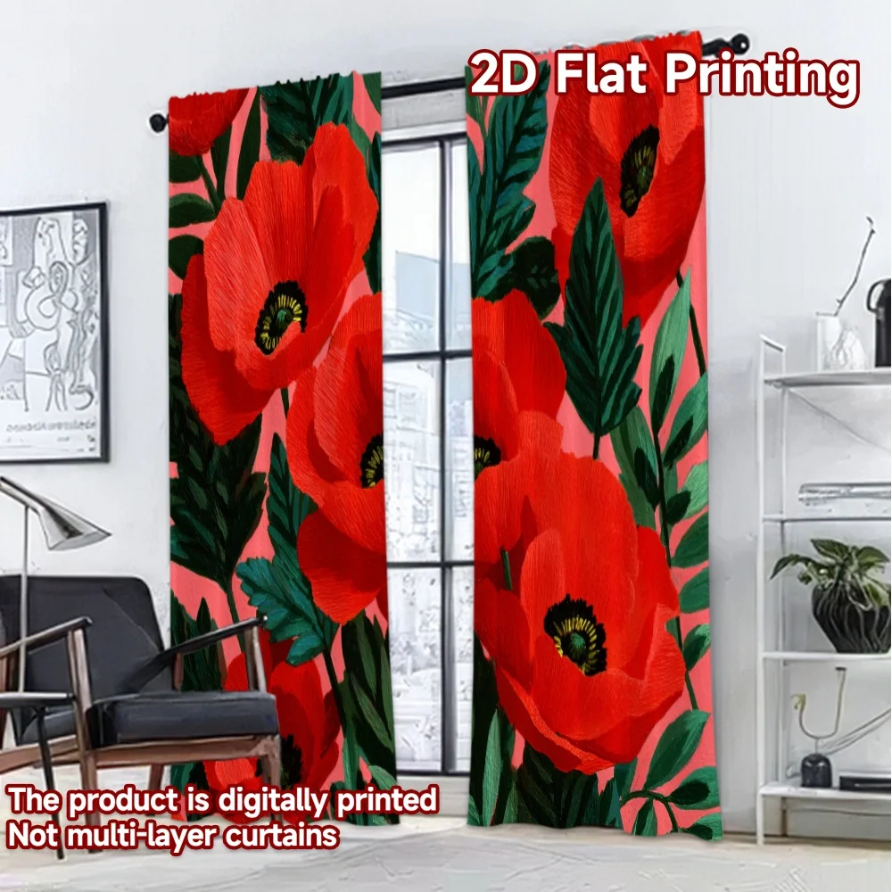 2D Flat Printing,2pcs Floral Red Poppies on Pink Chic Pattern Curtains Polyester Curtains Holiday Suitable for digital printing