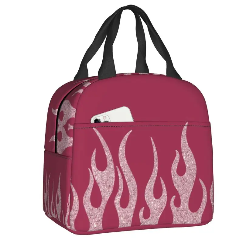 Bolsa de almuerzo con aislamiento térmico, contenedor de almuerzo portátil para el trabajo, almacenamiento de alimentos, fuego ardiente, llamas brillantes, rosa claro