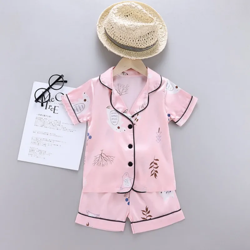 Kids Pajamas Set Silk Satin Kids Boys Girls Sleepwears Outfits Set Print Sleepwear Short Sleeve Blouse Tops+Pants 2PCS Pijamas