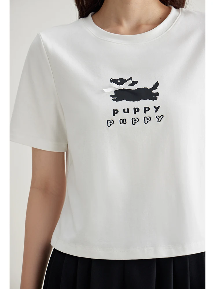 

DUSHU Office Lady Bow Dog Short Sleeve T-shirt 2024 Summer New Refreshing Print White Casual Loose Women T-shirt 24DS82691