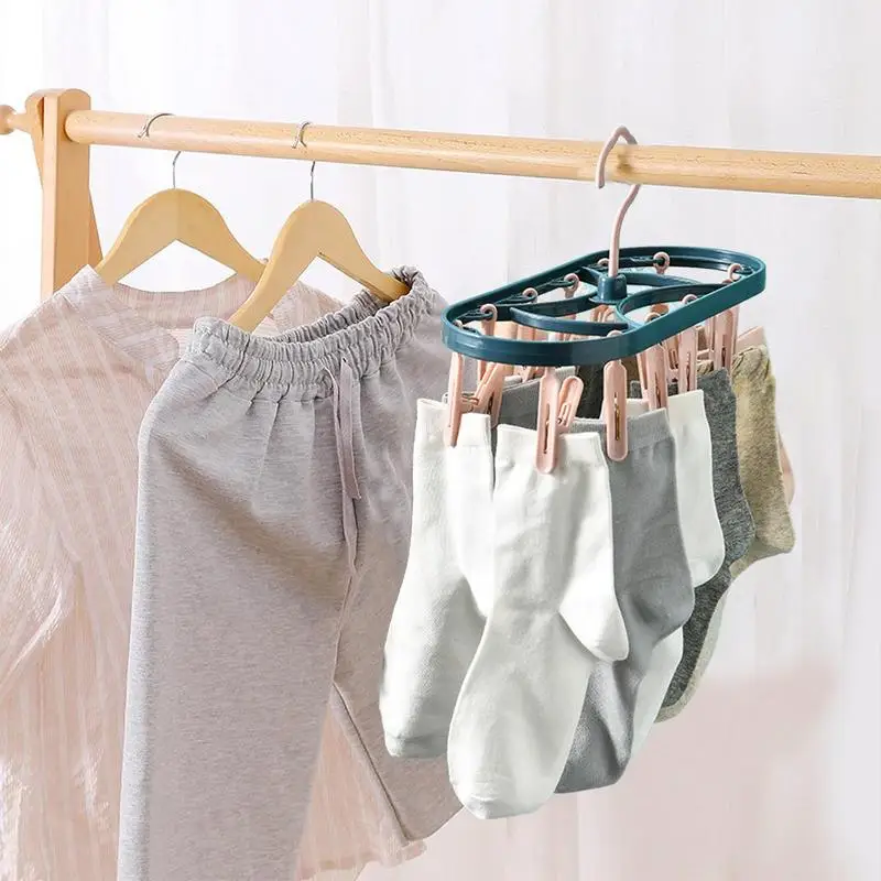 Small Clothes Drying Rack Portable Laundry Hangers With 12 Clips Sock Clips Drying Rack 360 Rotatable Hook For Gloves Bras