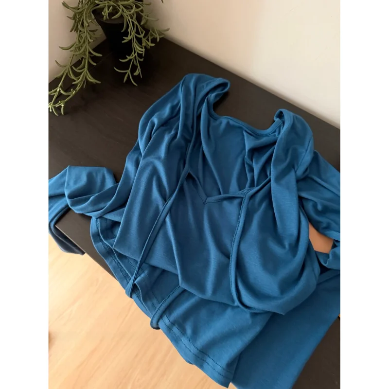 Blue Long Sleeve T-Shirt Women's Stylish American Hot Girl White Enhancing Front Back Wear Polyester Fiber Slim Fit Daily Wear