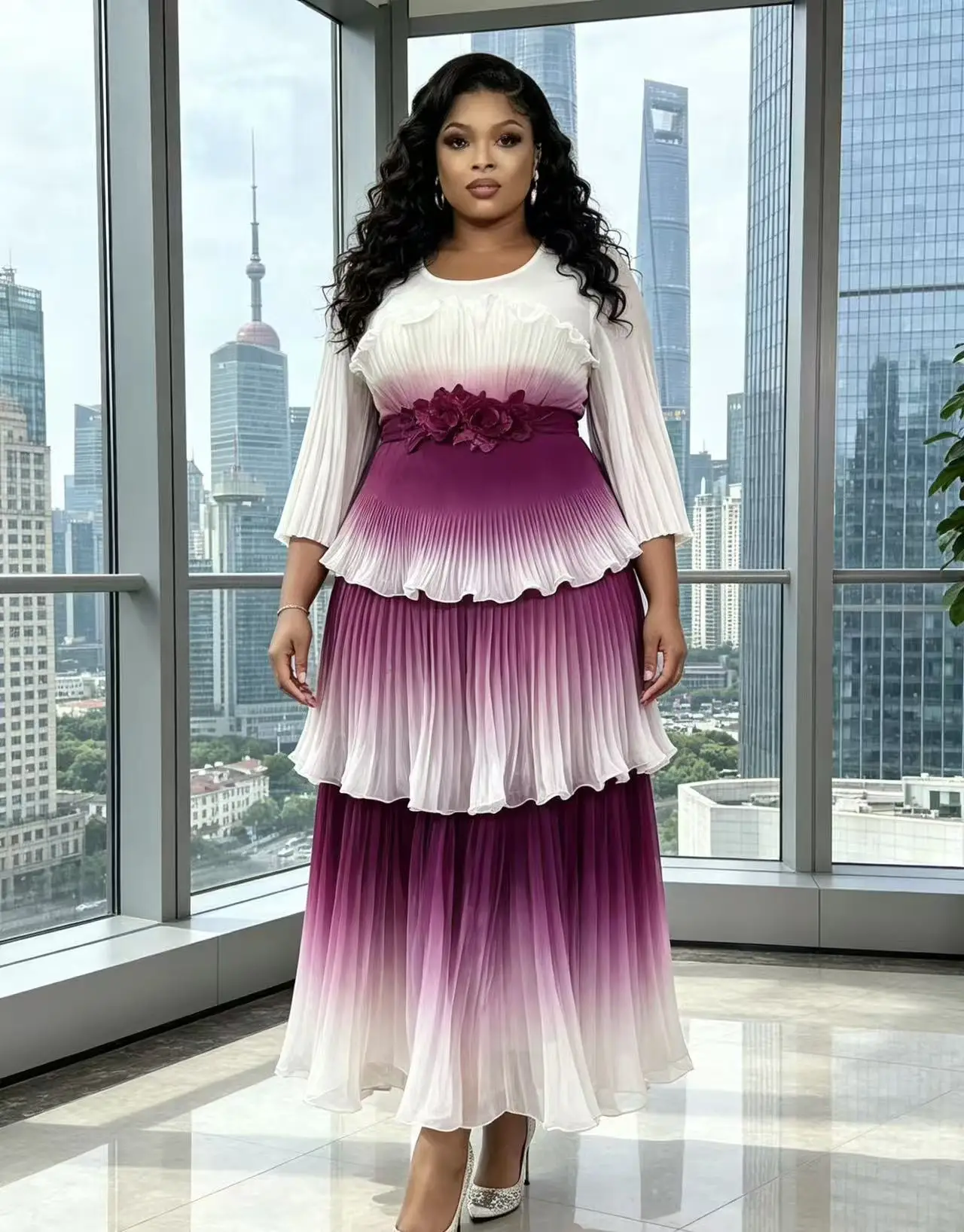 Miyake 2026 New High-end Banquet Pleated Dress Fungus Edge Decorative Printing Gradual Change Light Luxury Dress
