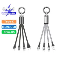Keychain Short Cable 3 In 1 USB Fast Charging Cable Type C Micro IOS Multi Charger Cable for iPhone Samsung Nylon Braided Cord