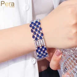 Pera Unique Bamboo Raft Design Royal Blue Oval Cubic Zirconia Big Wide Bracelets Bangle for Women Costume Jewelry Accessory B242