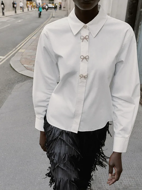 

ZBZR Quali Winter 2025 Women's Simple Long Sve irt with Jewelry Button Decoration Silk Twill Top Faionable Ethnic Sle