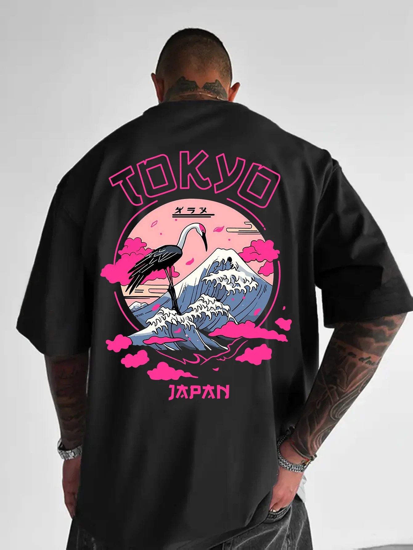 

Tokyo Japanese Pattern T-shirt Crane and Wave Design Soft Blended Cotton Comfortable Casual Wear
