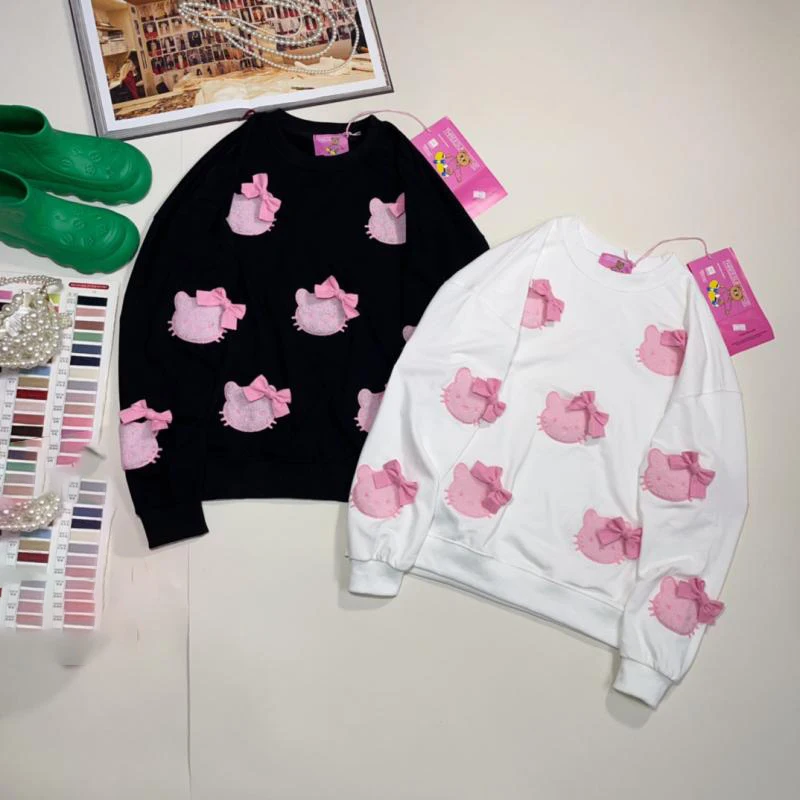 Miniso Hellokitty Patch Leisure Sweater Korean Retro Personality Three-Dimensional Design Bow Round Neck Tops for Girls Gifts