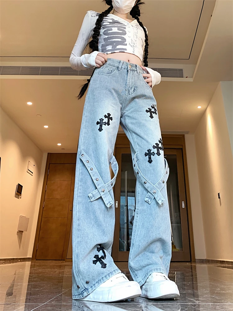 Women's Hip Hop Cross Sticker Design Vintage Jeans Cool Girl High Waisted Streetwear Fashion Trouser Female Casual Denim Pants