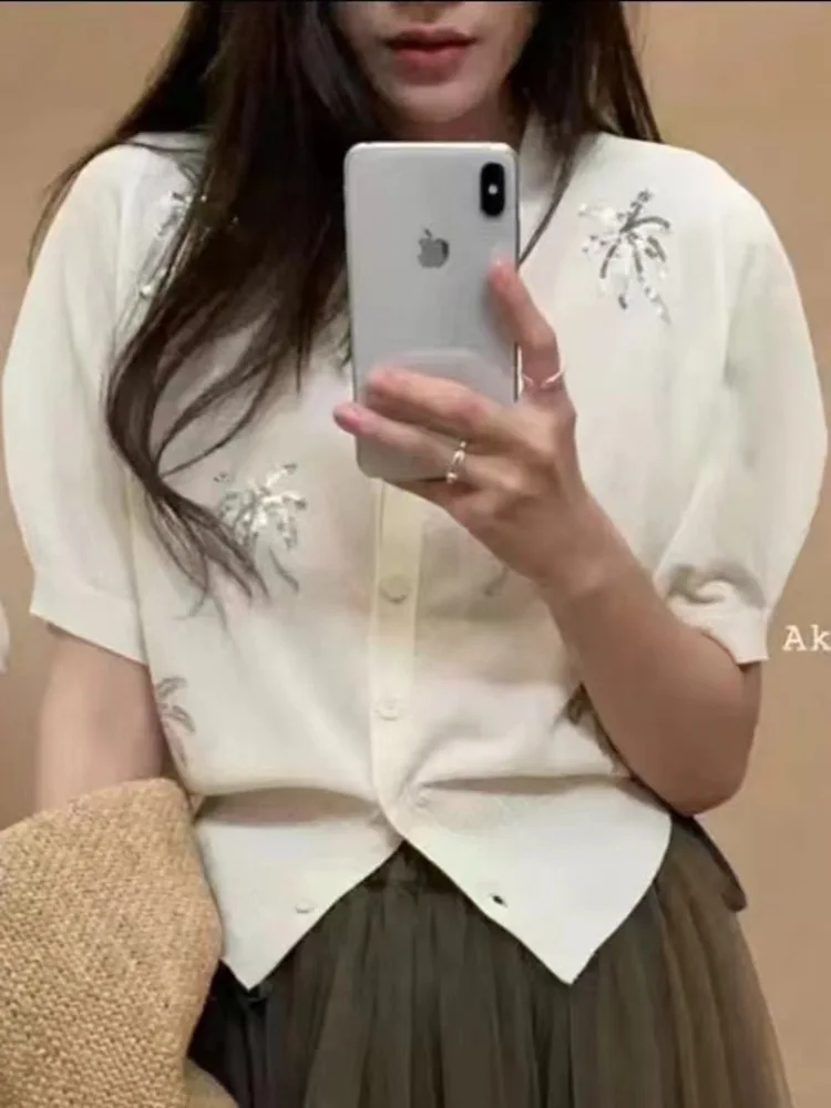 

Summer Black White Sequin V-neck Slim Single Breasted Blouse Women Elegant Short Sleeve Festival Cardigan Tops Versatile Popular