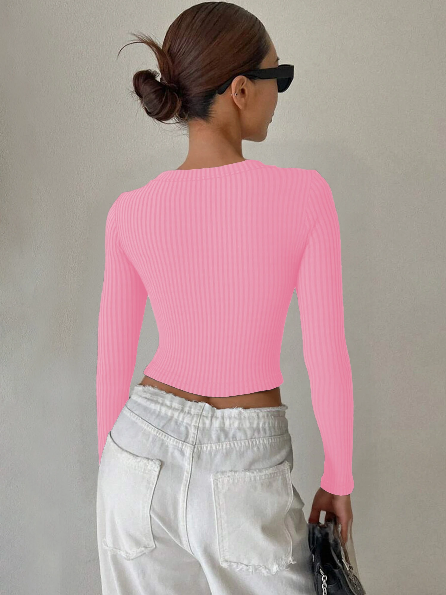 Sleek Contour Ribbed Blouse, Half‑Button V‑Neck Long‑Sleeve Top for After‑Work Hang‑Outs and Night‑Time Strolls