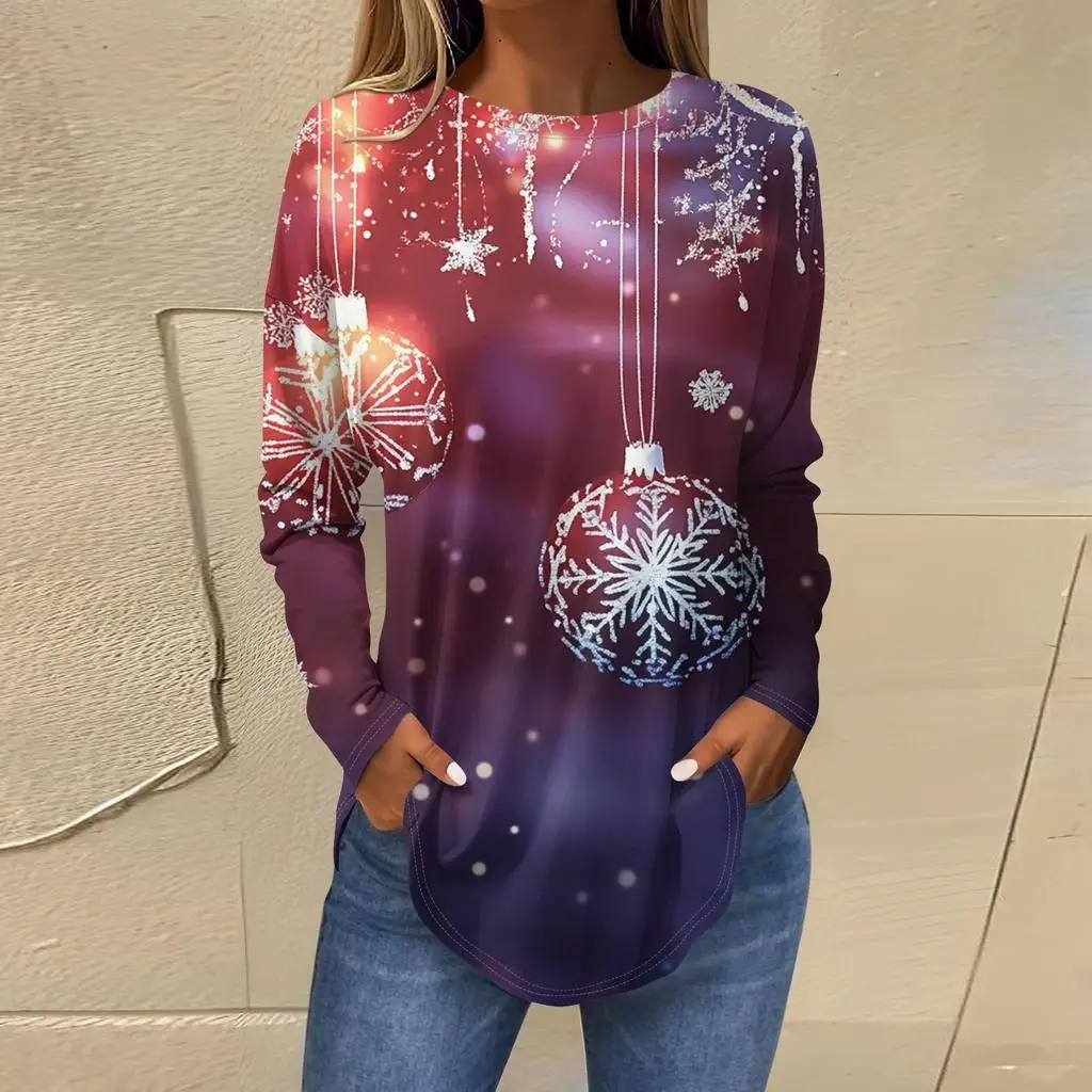 

Рождественская ограниченная серия, женская футболка с 3D снежинками и принтом шариков, круглым вырезом и длинными рукавами, модный повседневный топ с длинными рукавами