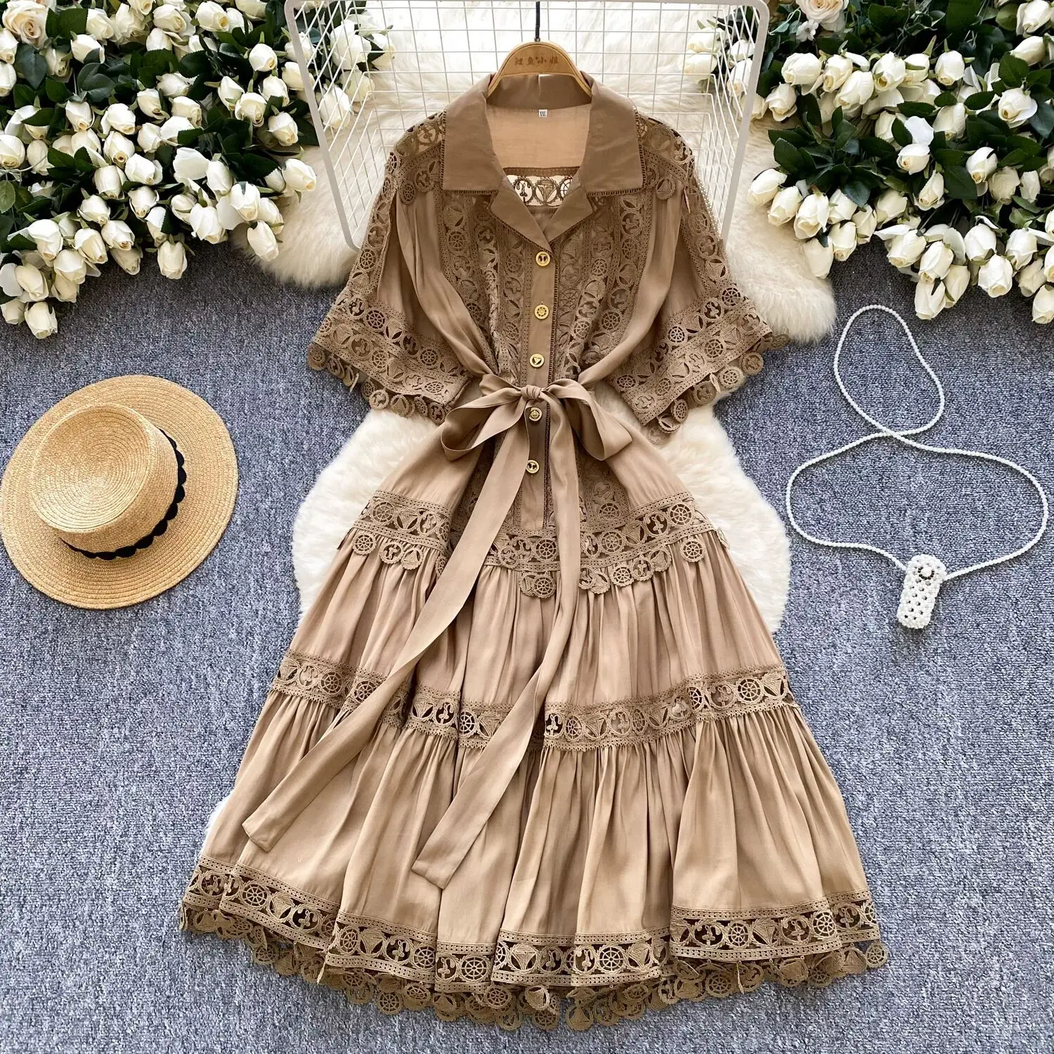 

Retro Collar Heavyweight Lace Patchwork Ultra Long Skirt Dr Long Dr Large Skirt Universal Sle Ciwalk Polyester Fiber