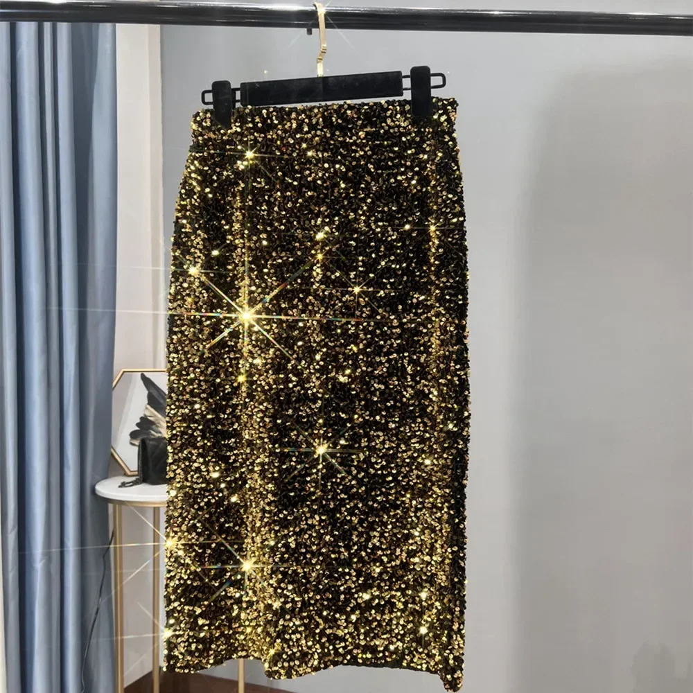 French High-waisted Slim Mid-length Skirt High-grade Shiny Thickened Package Hip Elastic Waist Back Zipper Sequin Skirt Women