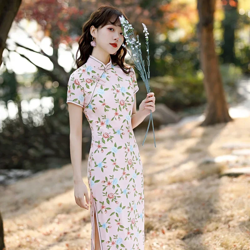 2021 Summer Chinese Traditional Elegant Women Casual Rose Print Cheongsam Stain Slim Retro Temperament Girly Shot Midi Dress