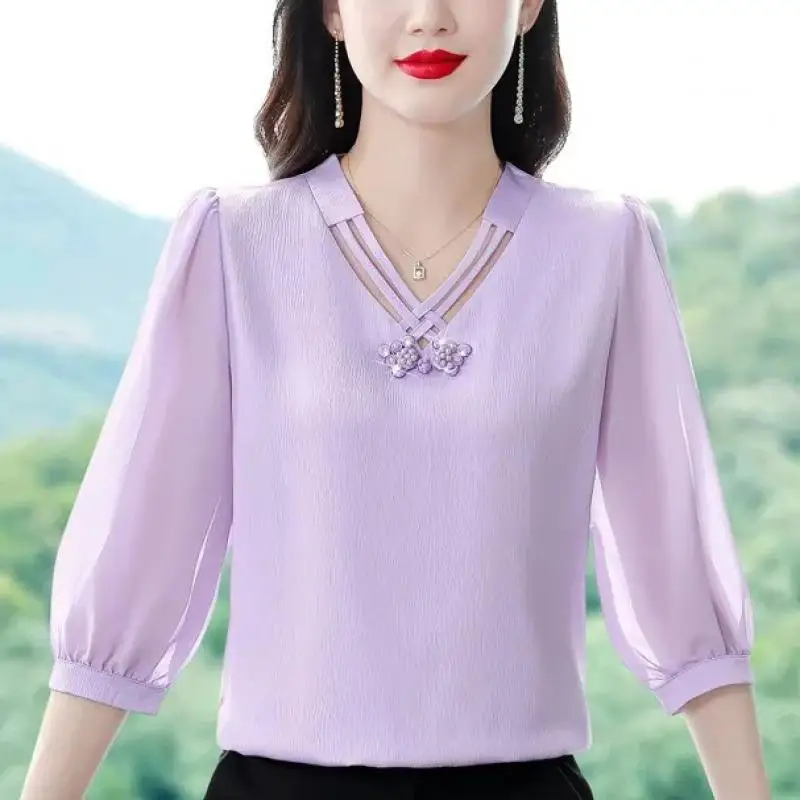 Chemise en mousseline de soie à col en V pour femmes, haut à manches 2024, pulls polyvalents, chemisier en mousseline de soie, document solide,