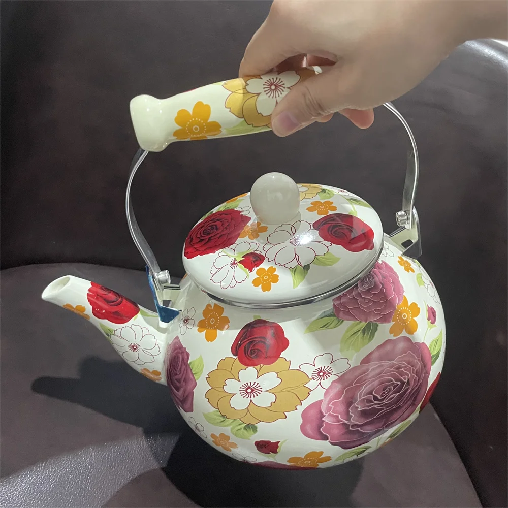 Vintage Style Enamelling Botanical Flower RoseTeapot 2.5 L Kitchen Water Pot Thickened Camping Kettle